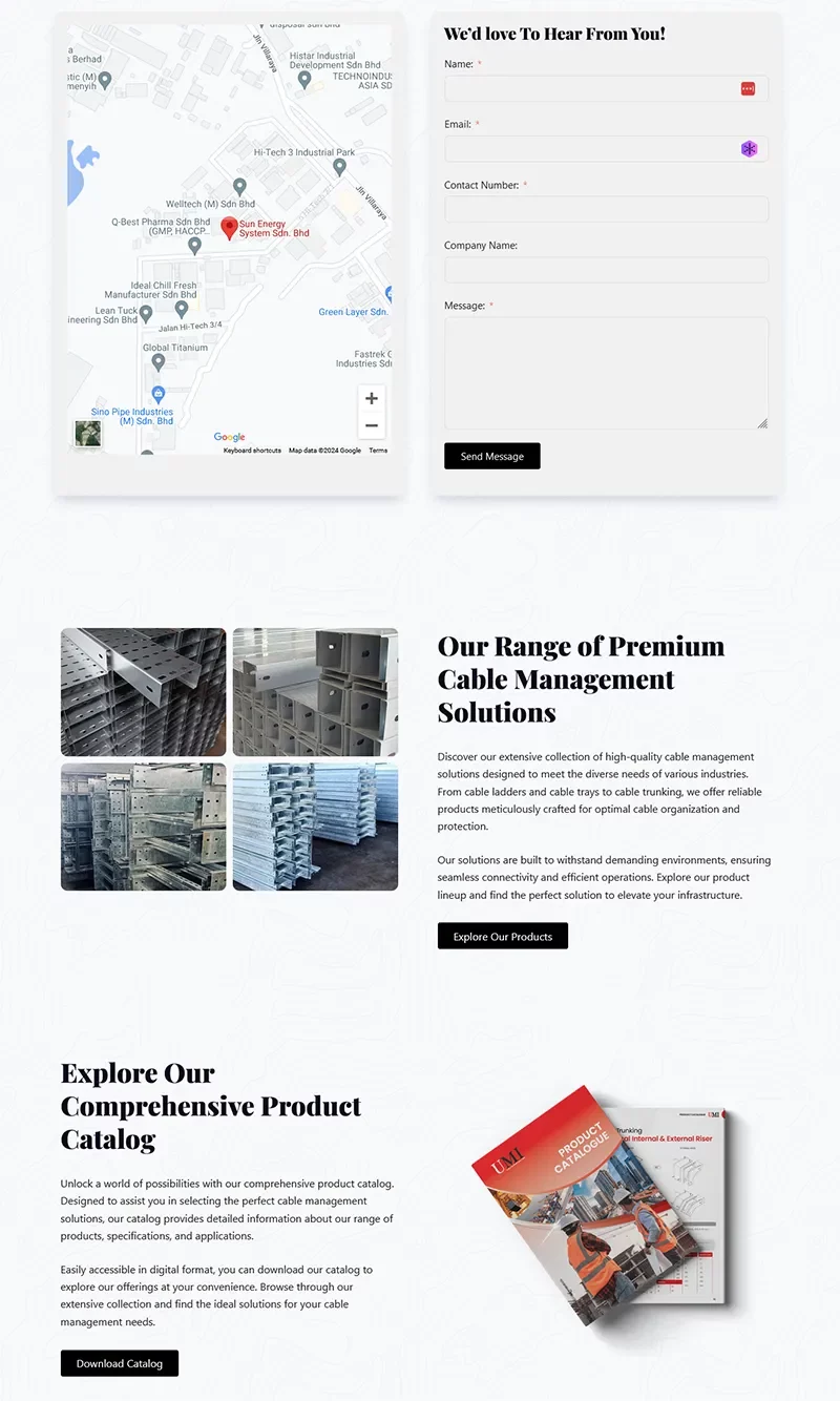 Contact page for cable management solutions company.