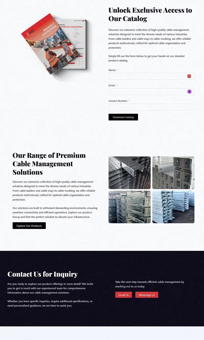 Cable management solutions catalog and contact information.