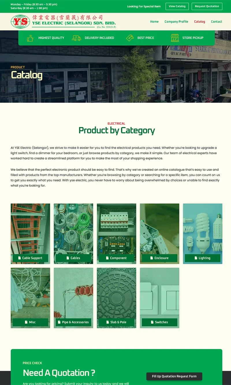 Electrical products catalog webpage with categories and quotation form.