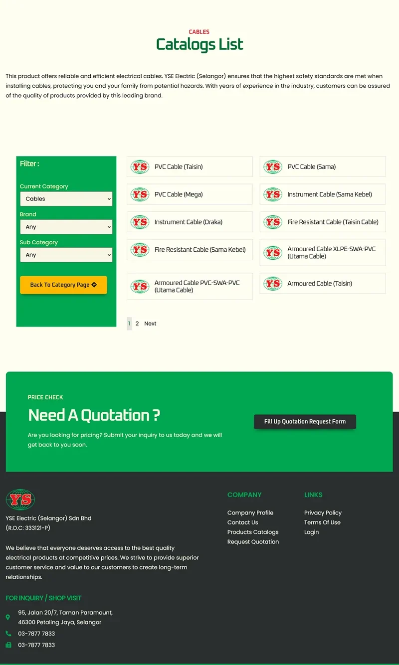 Website screenshot showing cable product catalogs and quotation information.