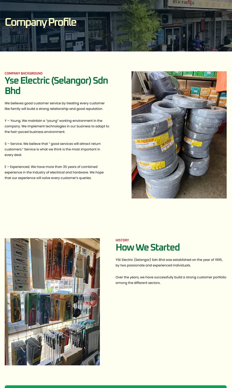 Company storefront, electrical supplies, and retail display.