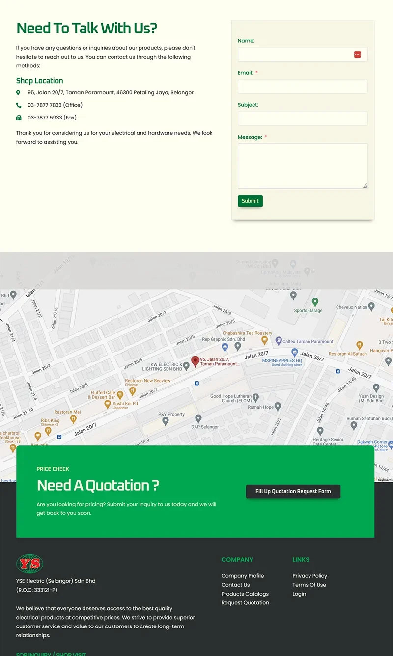 Contact information and form for customer inquiries.