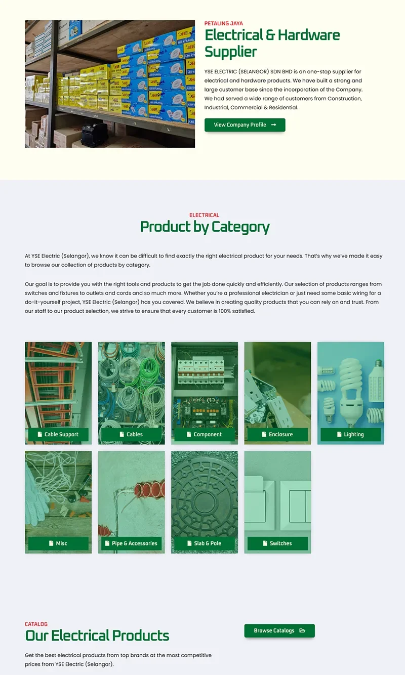 Wide range of electrical products on shelves at hardware store.
