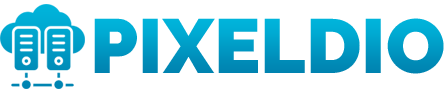 Blue and white Pixeldio Digital logo with a pixelated design aesthetic.
