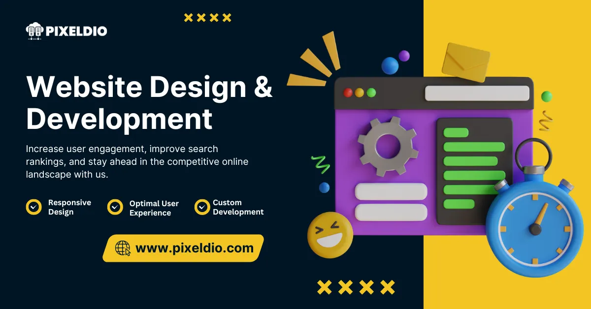 Digital marketing advertisement for website design and development services featuring graphic elements and a company logo.